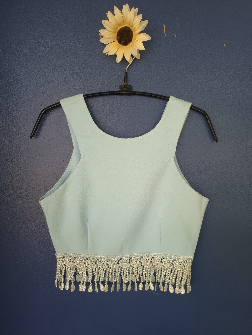 Moda Powder Blue Cropped Tank with Lace Fringe